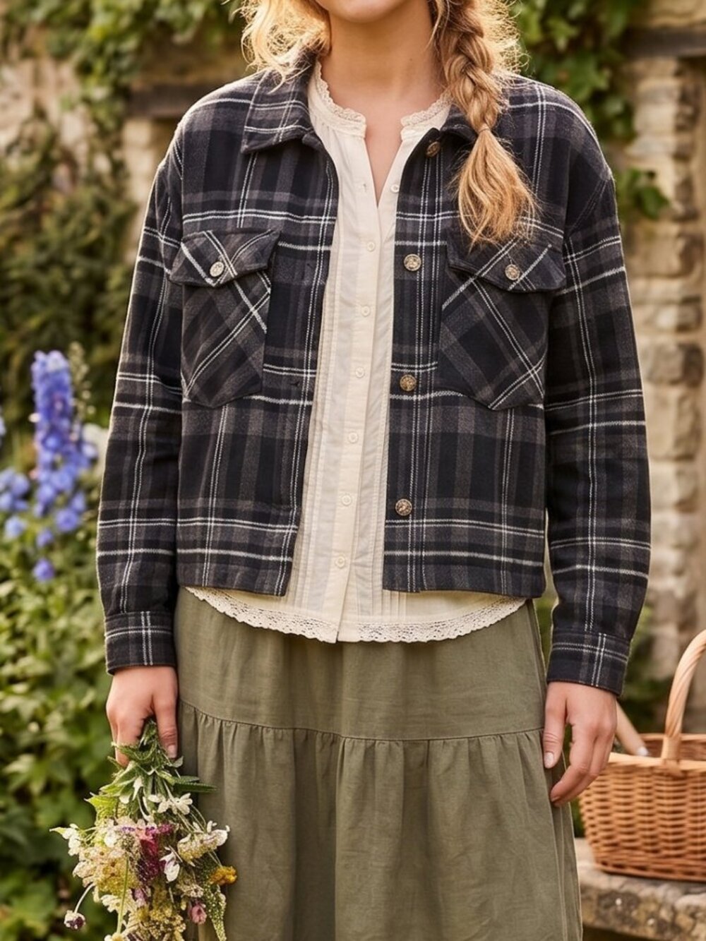 Black & White Plaid Flannel Button-Up Shirt Jacket 100% Cotton Shacket